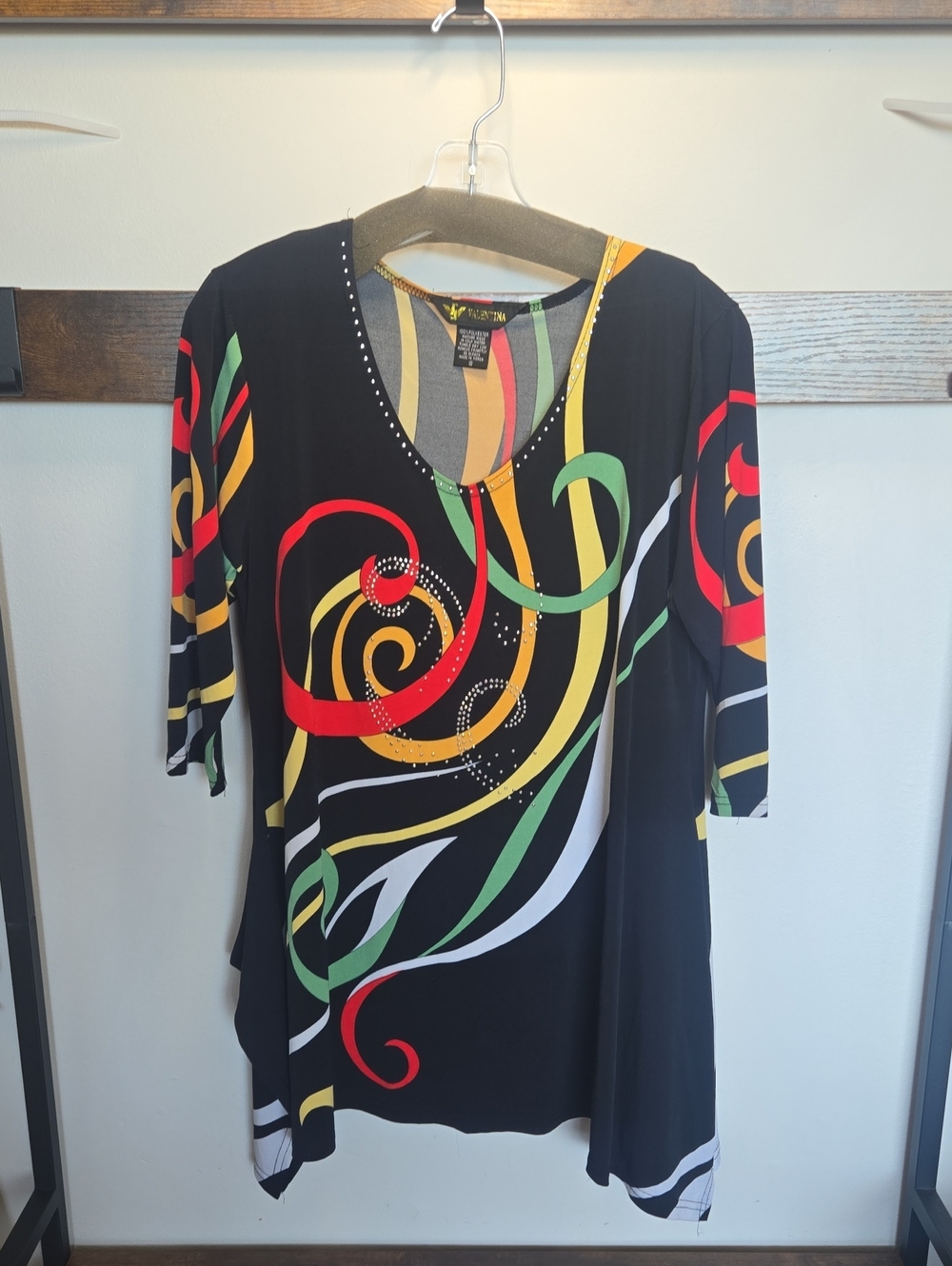 Valentina Black Tunic with Red, Yellow & Green Swirl Accents